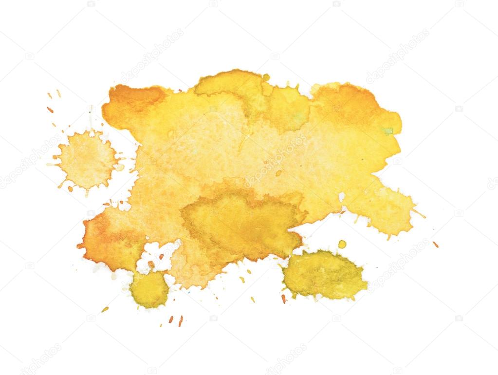 Abstract watercolor aquarelle hand drawn yellow drop splatter stain art paint on white background illustration