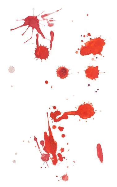 Abstracte aquarel aquarelle hand getrokken rood bloed daling splatter vlek kunst verf op witte achtergrond — Stockfoto
