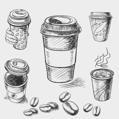 elle çizilmiş doodle kroki vintage kağıt bardak kahve paket servisi olan Restoran Menü Restoran, Cafe, bar, kahve dükkanında