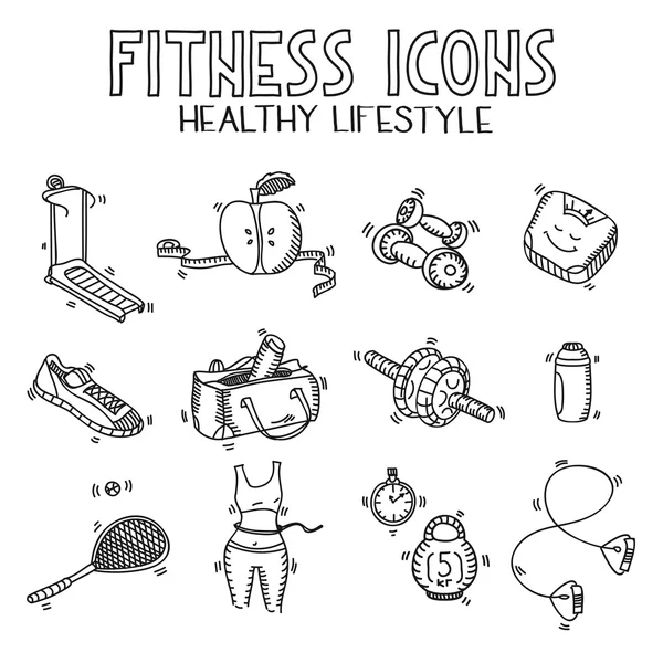 Ручной рисунок иконки каракули установить фитнес и спорт концепция здорового питания образ жизни, диета — стоковый вектор