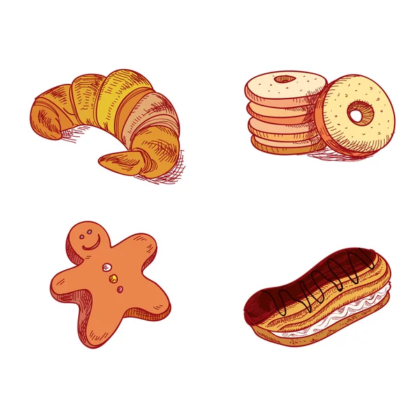 Dessiné à la main croquis confiseries dessert pâtisserie produits de boulangerie beignet, tarte, croissant, biscuit — Image vectorielle