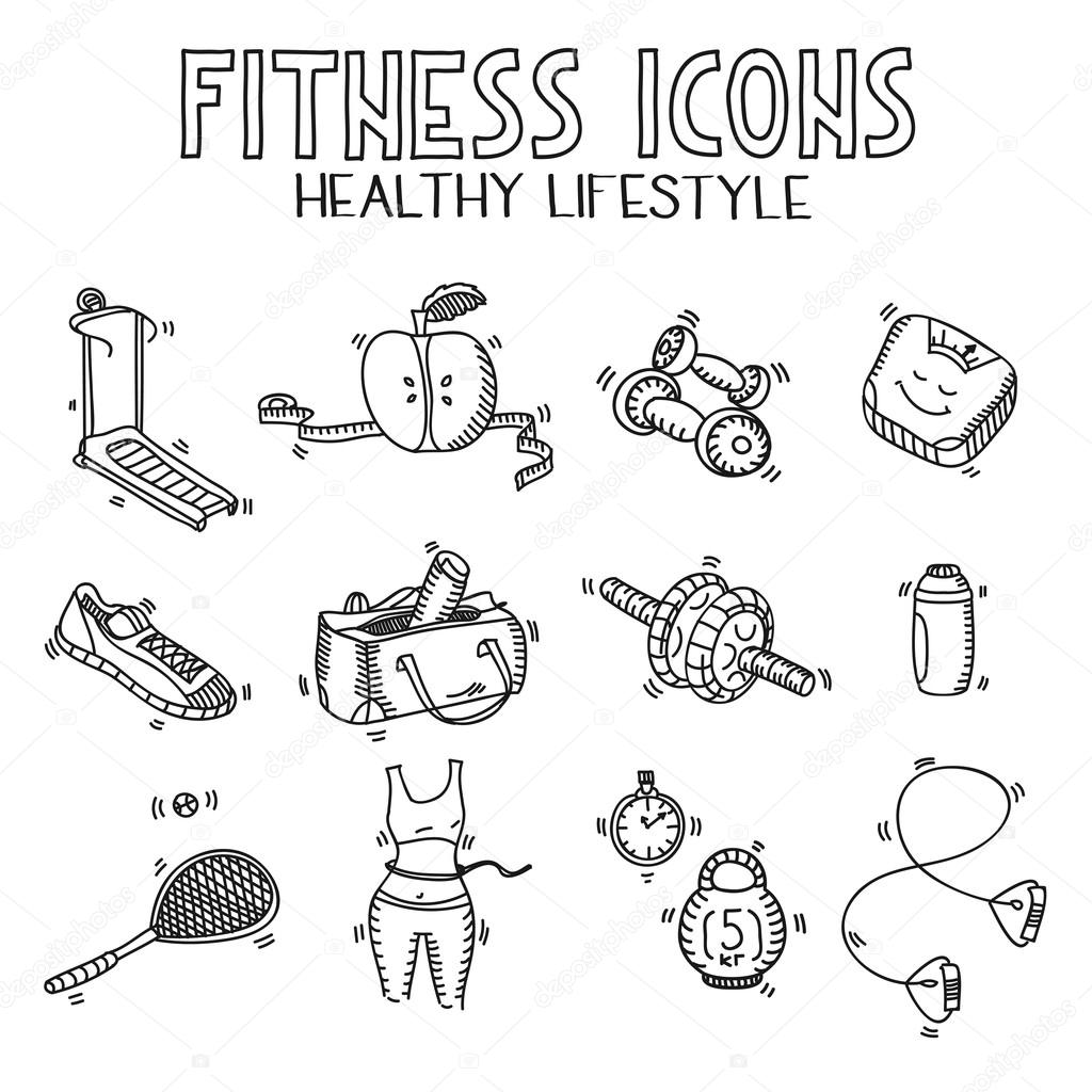 Hand drawn doodle sketch icons set fitness and sport concept healthy nutrition lifestyle, diet