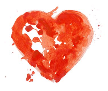 Watercolor aquarelle hand drawn colorful red heart art color paint or blood splatter stain.