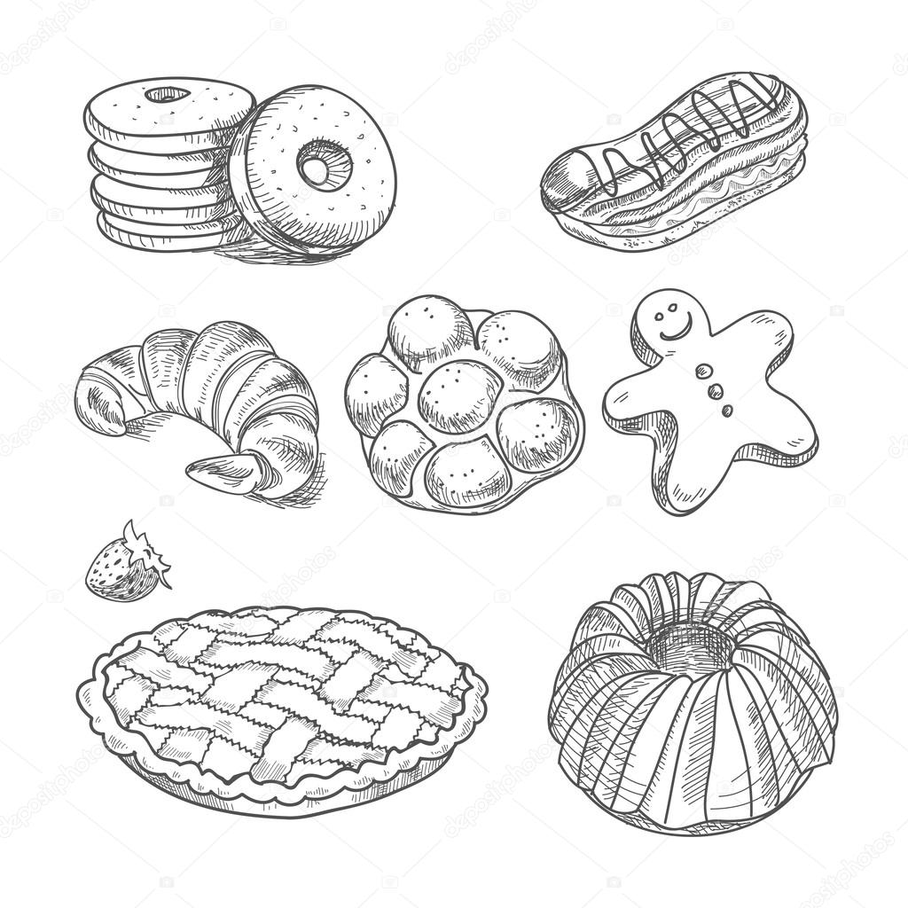 hand drawn sketch confections dessert pastry bakery products donut, pie, croissant, cookie