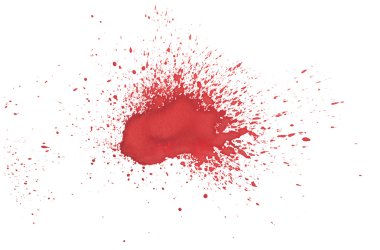 Beyaz zemin üzerine kırmızı damla sıçramak leke kan sıçrama sprey sanat kalın boya soyut el çekilmiş.