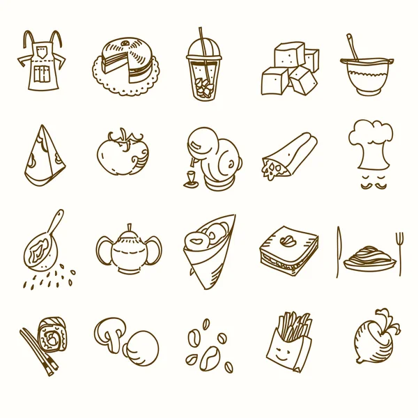 Food Cafe instellen ochtend ontbijt lunch of diner keuken doodle hand getrokken schets ruwe eenvoudige pictogrammen koffie, thee, donut, theepot, cupcake, jam en andere zoetigheden — Stockvector