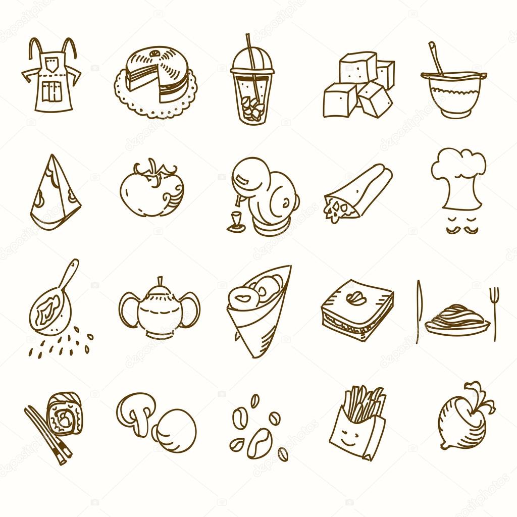Food cafe set Morning breakfast lunch or dinner kitchen doodle hand drawn sketch rough simple icons coffee, tea, donut, teapot, cupcake, jam and other sweets