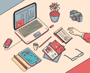 Üstten Görünüm el çekilmiş ofis veya fome çalışma alanı freelancer iş nesneleri ve yalan bir danışma dizüstü bilgisayar, dijital tablet, cep telefonu, belgeler üzerinde öğeleri ile kroki