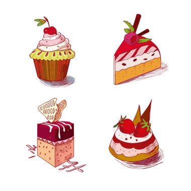 çizilmiş şekerlemelerde tatlı pasta pastane ürünleri cupcake kek el