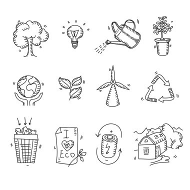 Elle çizilmiş doodle kroki kavramı geri dönüşüm ekoloji organik simgeler Eko ve biyografi öğeleri doğa gezegen koruma bakım