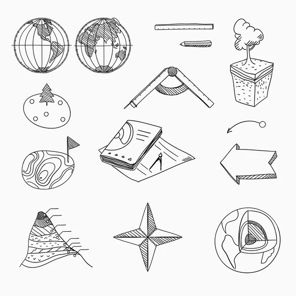 Geografia lezione Oggetti scolastici e attrezzature didattiche Cartografia topografia Istruzione icone disegnate a mano lineare . — Vettoriale Stock