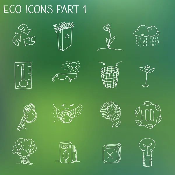 Ekologie, ekologické známky eko a bio prvky v ručně kreslenou styl charakteru planety ochrany péče recyklace uložit koncept — Stockový vektor