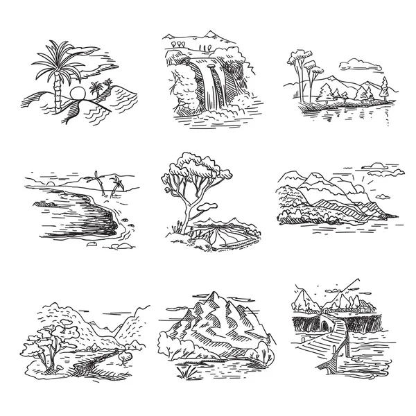 Bosque dibujado a mano boceto de garabato dibujo paisaje naturaleza ilustración con sol colinas mar bosque cascada — Archivo Imágenes Vectoriales