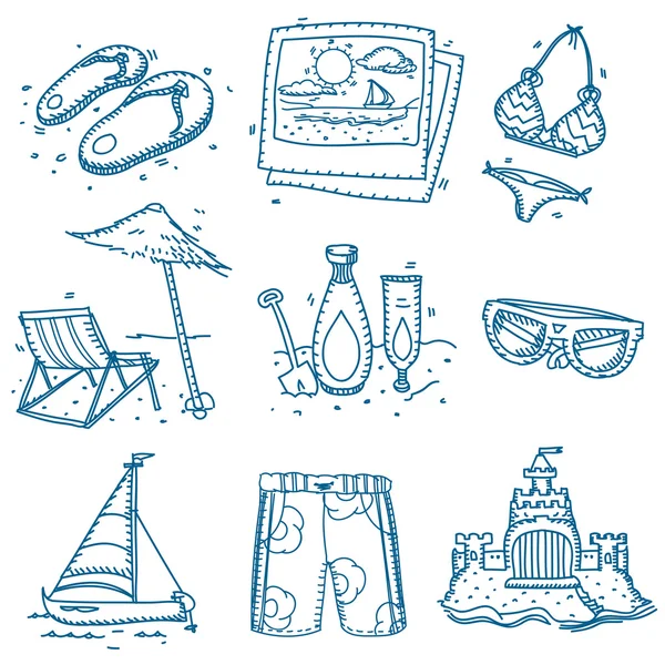 Croquis dessiné à la main croquis icônes de voyage vacances d'été sur la plage . — Image vectorielle