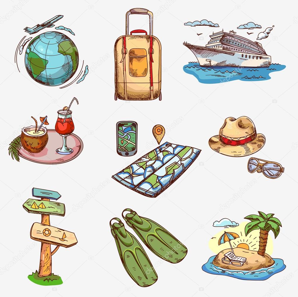 Hand drawn travel icons traveling on airplane, planning a summer vacation, tourism and journey.