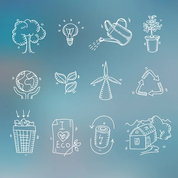 Przekazania ciągnione doodle szkic ekologia ekologiczne ikony eco i bio elementów Blurred tło natura planeta ochrony opieka recyklingu zapisać koncepcja — Wektor stockowy