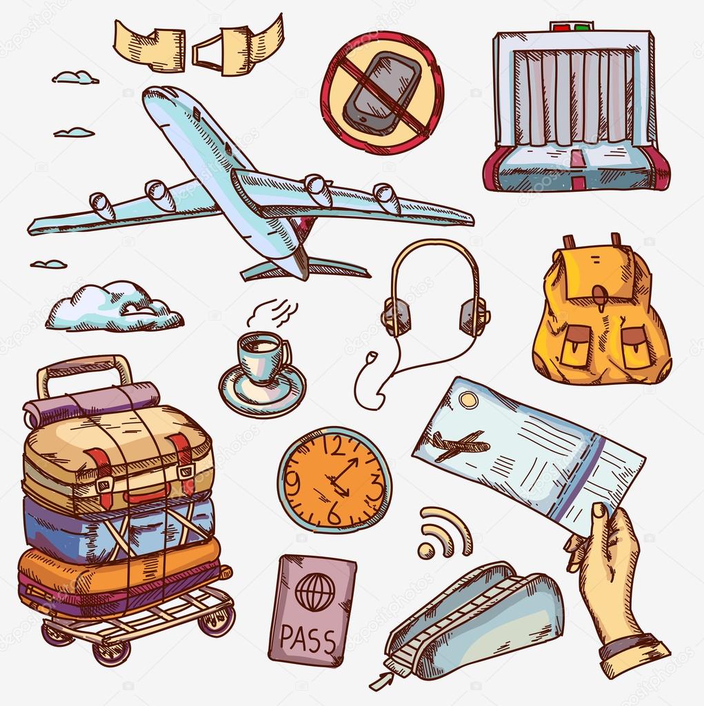 airport and air travel icons concept traveling on airplane tourism journey passenger objects