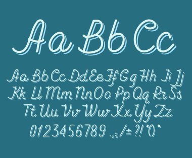 Hand drawin alphabet handwritting abc vector font. Italic type letters, numbers and punctuation marks.