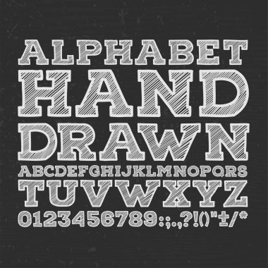 chalk sketched striped alphabet abc vector font. Type letters, numbers, characters and punctuation marks clipart