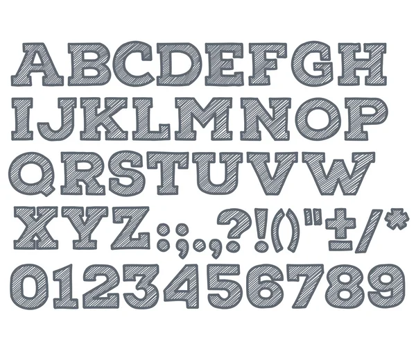 Krijt schetste gestreepte alfabet abc vector lettertype. Typ de letters, cijfers, tekens en leestekens — Stockvector