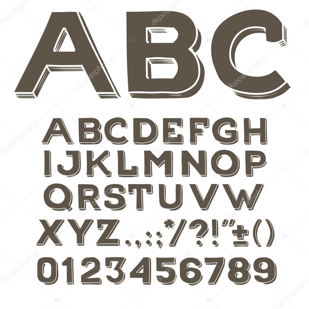 Hand drawin alphabet handwritting abc vector font. Type letters, numbers and punctuation marks