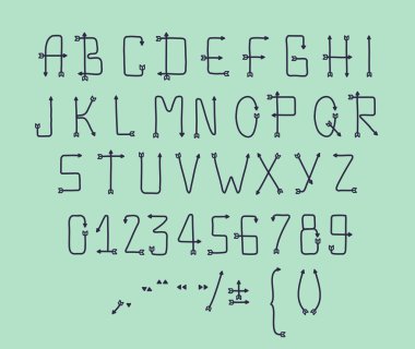 Type letters, numbers and punctuation marks Hand drawin alphabet handwritting abc vector modern font arrow shape