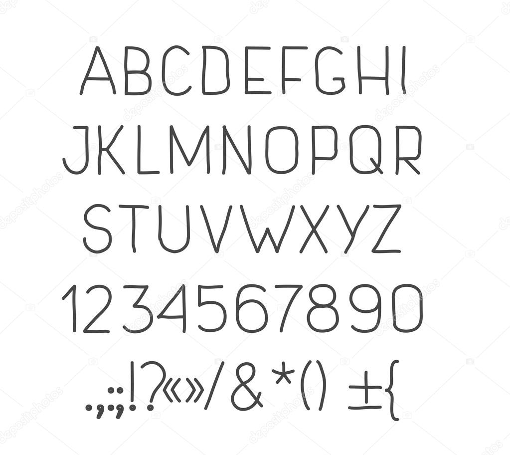 Type letters, numbers and punctuation marks Hand drawin alphabet handwritting abc vector font. 