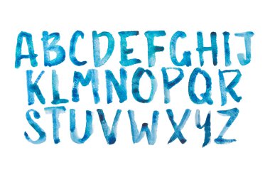 Suluboya aquarelle yazı tipi el yazısı türü elle çizilmiş doodle abc alfabe büyük harfler.