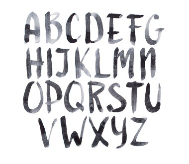 Suluboya aquarelle yazı tipi el yazısı türü elle çizilmiş doodle abc alfabe büyük harfler.
