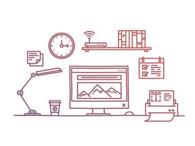 Office çalışma alanı minimalist doğrusal stil kavramı Web sitesi programlama süreci tasarımcı işyeri el çekilmiş