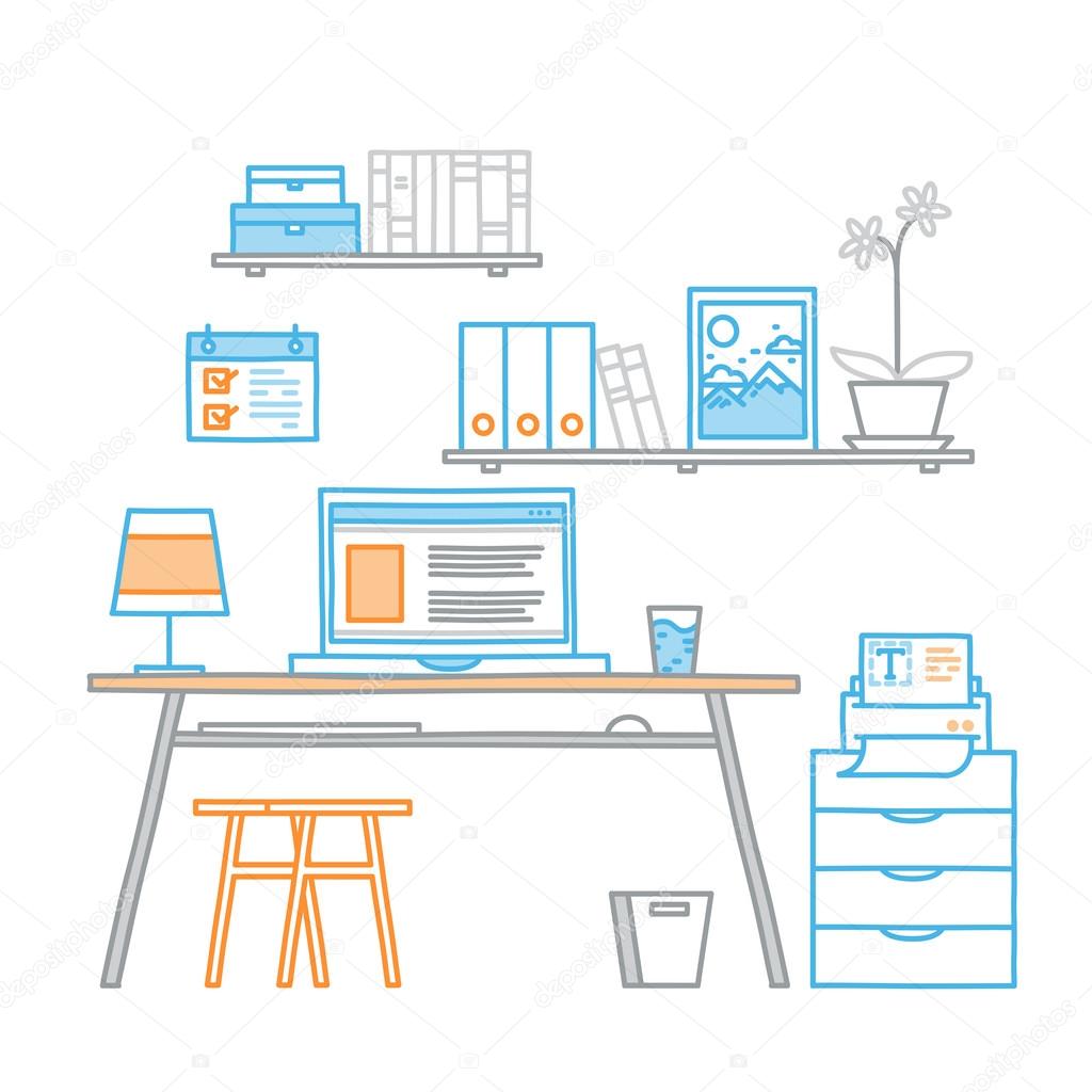 Hand drawn office workspace minimalistic linear style concept work at home, freelance,  programming process designer workplace