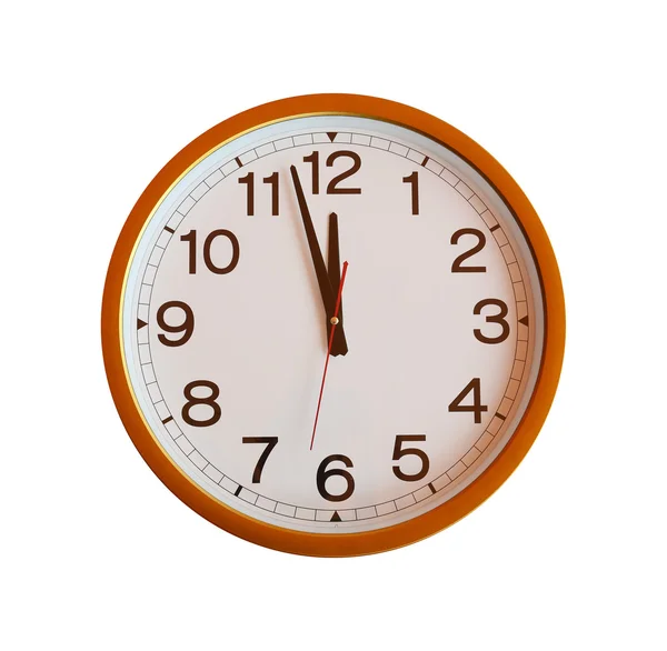 Orange wall clock isolated in twelve o'clock. — Stock Photo, Image