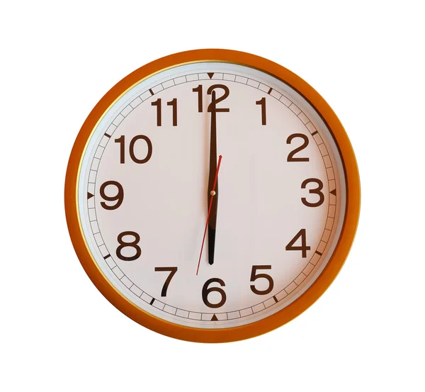 Relógio de parede laranja isolado em seis horas . — Fotografia de Stock