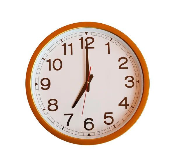 Orange wall clock isolated in seven o'clock. — Stock Photo, Image