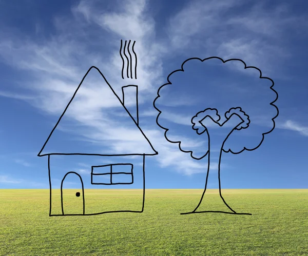 Hand drawn home and big tree of building a house concept. — Stock Photo, Image