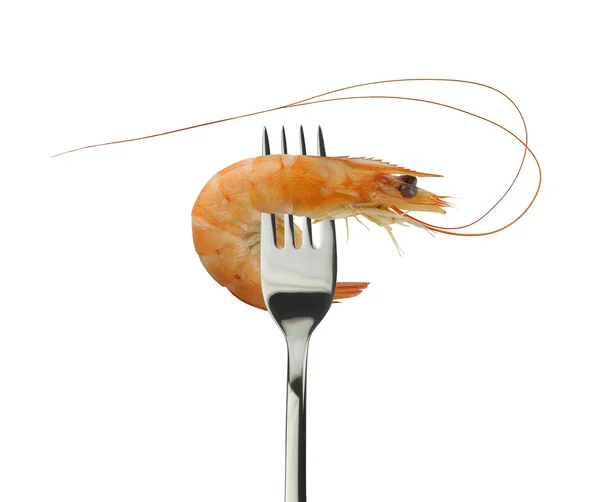 Crevettes cuites et fourchette argentée sur fond blanc . — Photo