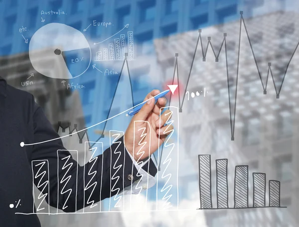 Hand of businessman drawing graphics a top point growing graph t — Stock Photo, Image