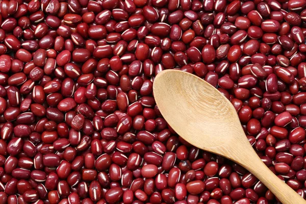Fresh Small Seed Red Beans Have Empty Wooden Spoon Design — Stock Photo, Image