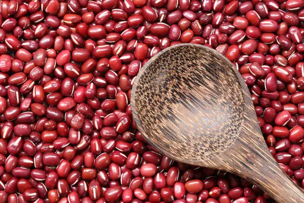 Fresh Small Seed Red Beans Have Empty Wooden Spoon Design — Stock Photo, Image