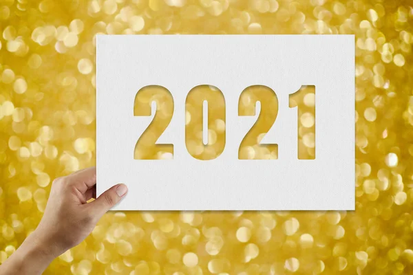 Hand Man Holding 2021 Text Gold Bokeh Background Design Your — Stock Photo, Image