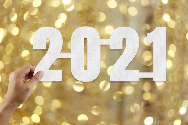 Hand Man Holding 2021 Text Gold Bokeh Background Design Your — Stock Photo, Image