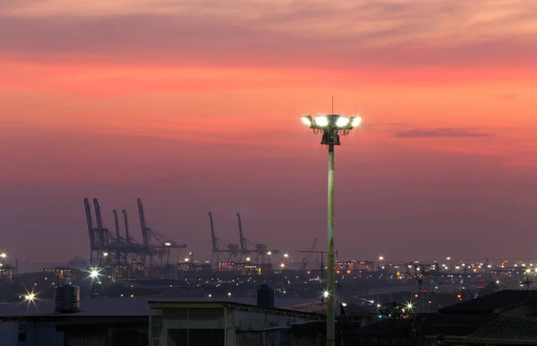 Cargo Port Szürkületi Hajózási Kikötő Este Chonburi Thaiföld — Stock Fotó