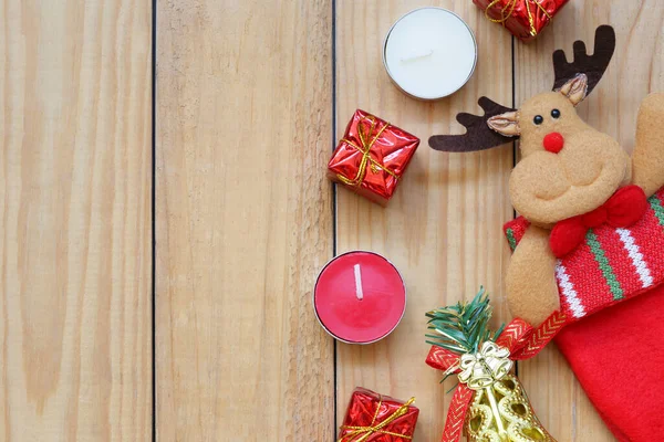 Decorações Natal Ano Novo Chão Madeira Têm Espaço Cópia Para — Fotografia de Stock