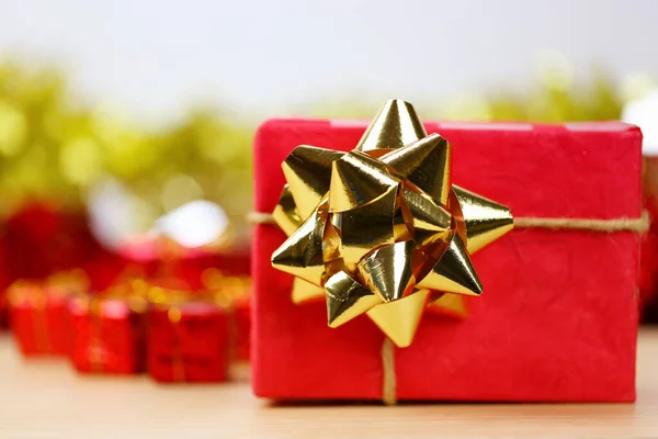 Golden Bow Attached Gift Boxes Christmas New Year Concept Ideas — Stock Photo, Image