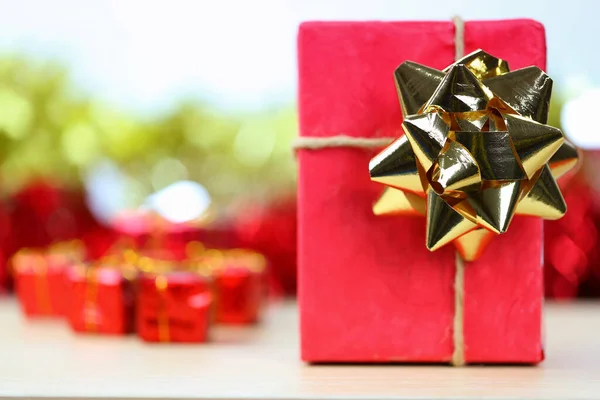 Золотой Бант Прикрепленный Подарочным Коробкам Идеях Концепции Рождества Нового Года — стоковое фото
