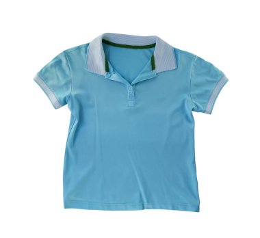 Beyaz arkaplanda izole edilmiş mavi tişört ve kırpma yolları var.