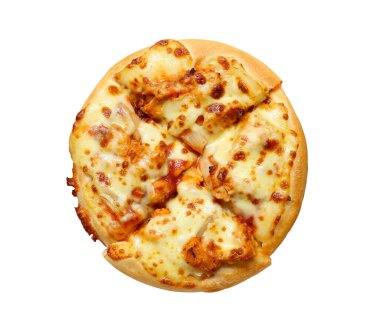 Beyaz arka planda izole edilmiş peynirli pizza ve kırpma yolları var.