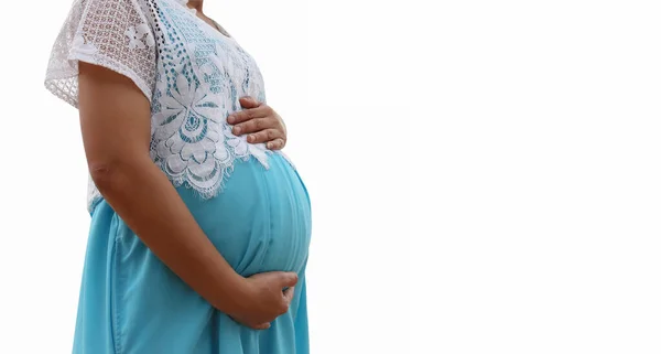 Femme Enceinte Dans Une Robe Bleue Isolée Sur Fond Blanc — Photo