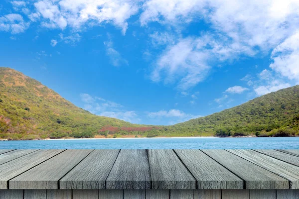 Empty Wooden Table Sea Sky Mountain Background Design Your Work — Stock Photo, Image