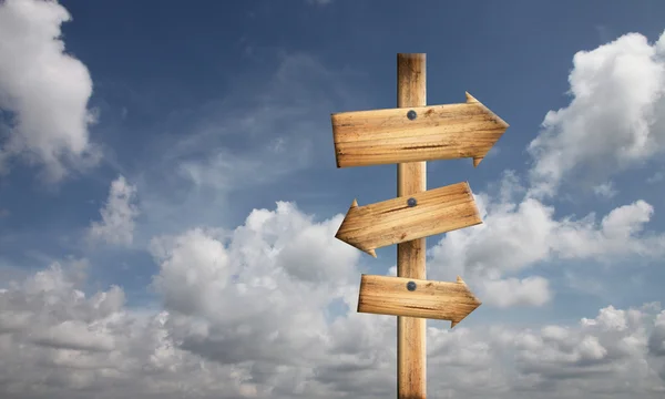 Wood sign on blue sky. — Stock Photo, Image